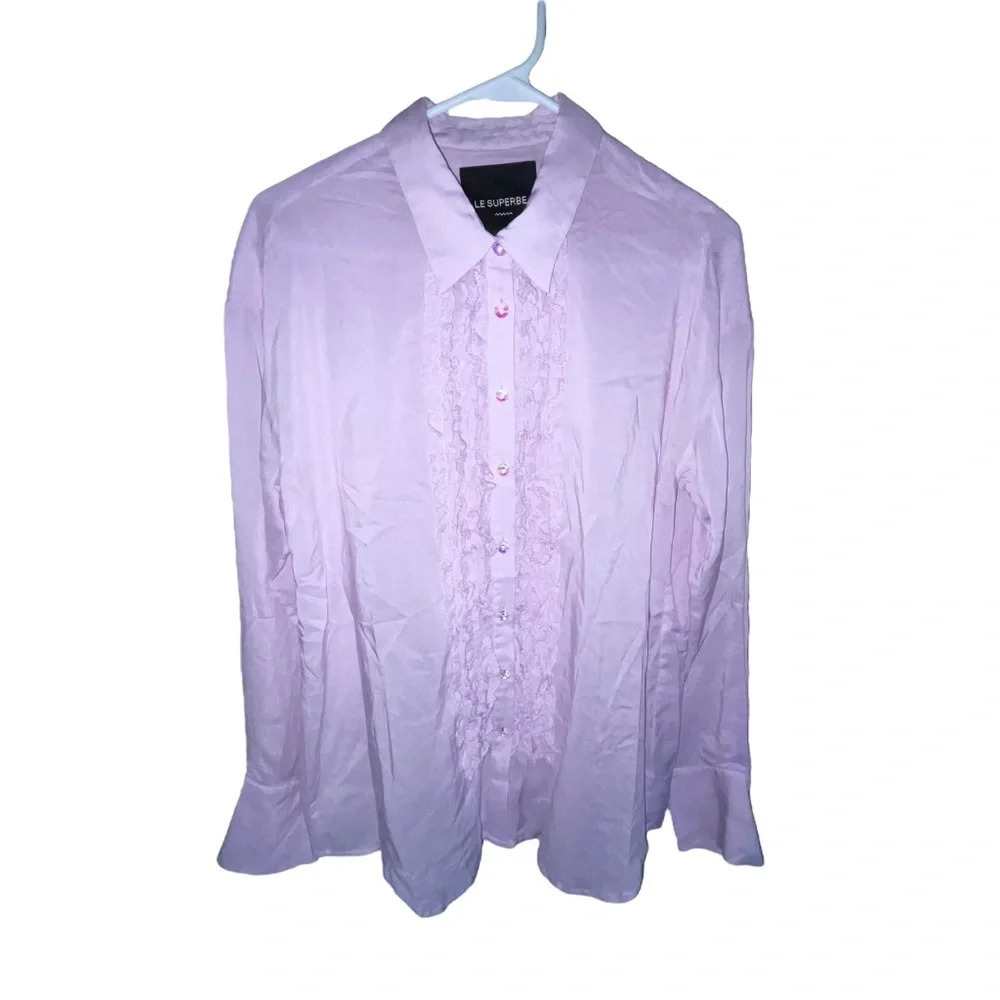 Le Superbe Button Tux Shirt Jewel Buttons Women’s Size 4 Purple Preppy Designer